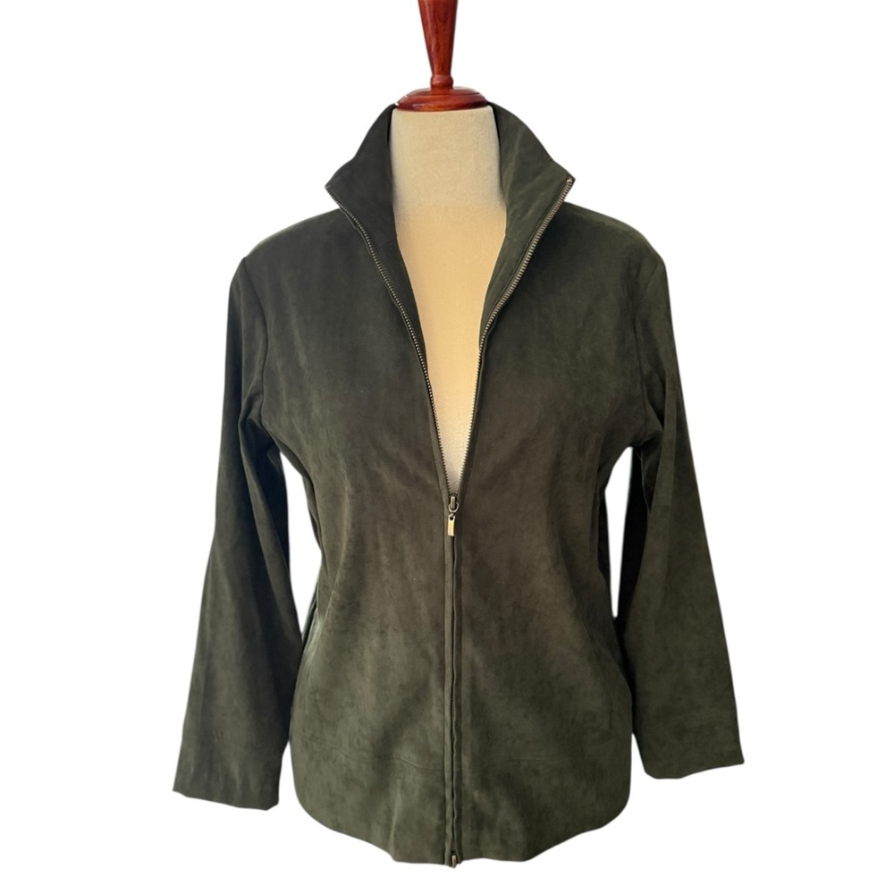Women’s Faux Suede Full Zip Jacket Olive Green Size Medium Classic Minimalist